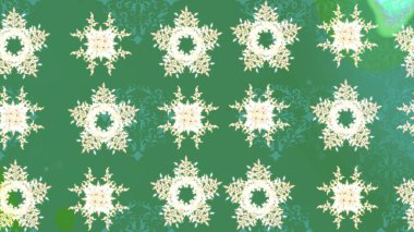 Kar tanelerinin soyut arkaplanlı Noel şablonu. Yeşil ve nötr kar taneleri. Raster illüstrasyonu. Noel ve Yeni Yıl moda baskıları için tatil tasarımı.