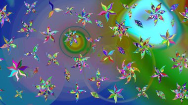 Raster Floral Illustration, Asyalı tekstil. Mavi renkli etnik çiçeklerle zarif eskiz deseni.