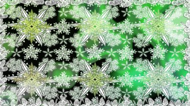 Çiçekli ipek eşarp. Yeşil yeşile. El çizimi çiçek unsurları olan soyut, dikişsiz raster deseni. Retro tekstil tasarım koleksiyonu. 1950 'ler-1960' lar motifleri.