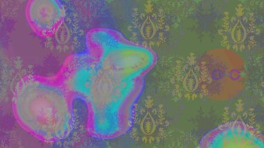 Raster illüstrasyonu. Kumaş, tekstil, duvar kağıdı baskısı için. Eski usul. Eskiz geçmişi. Renkli desenli eskiz deseni, gri çiçekler ve dekoratif elementlerle.