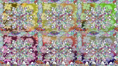 Raster illüstrasyonu. Renkli Bahar Temalı Kusursuz Arkaplan. Şirin çiçek elementleri. Kusursuz desenli, modaya uygun kumaş deseni. Düz Çiçek Elementleri Tasarımı.