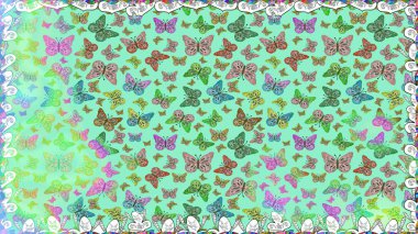 Perfect for textile, wallpapers, web page backgrounds, surface textures. Raster illustration. Seamless background of colorful butterflies on blue colors. clipart