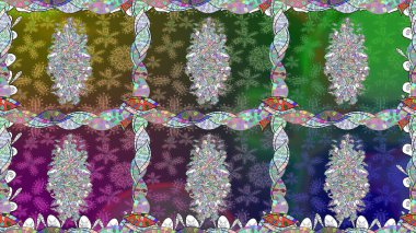 Çok yeşil zarif küçük çiçekler ve yeşil renkli komik böcekler, raster desen, illüstrasyon.