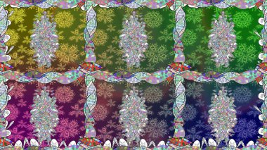 Kusursuz bir geçmişi var. Raster illüstrasyonu. Renkli desenli, yeşil çiçekli ve dekoratif elementli kusursuz desen. Kumaş, tekstil, duvar kağıdı baskısı için. Antika retro tarzı.