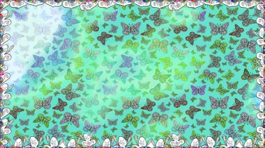 Raster illüstrasyonu. Davetiye, kart ve parmak izi için basit kadınsı bir model. Kusursuz. Rastgele mavi kelebekler şirin desenler. Mavi arka planda kelebek.