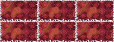 Bir sürü kırmızı ve soyut çiçekli tropik, pürüzsüz bir desen. Renkli, pürüzsüz çizim. Küçük çiçekte sevimli çiçek deseni var..