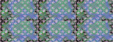 Şablon, pürüzsüz, çiçekli kenar. Çiçek çelengi. Güzel, parlak, pürüzsüz kumaş, tuval. Kıvırcık, parlak örgü. Eski moda arka plan. Raster illüstrasyonu.