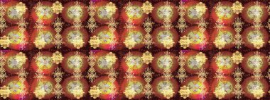 Noel ve yeni yıl moda baskıları için tatil tasarımı. Kar tanelerinin soyut arkaplanlı Noel şablonu. Kahverengi, sarı ve nötr kar taneleri. Raster illüstrasyonu.