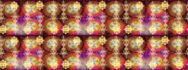 Kar tanelerinin soyut arkaplanlı Noel şablonu. Noel ve yeni yıl moda baskıları için tatil tasarımı. Raster illüstrasyonu. Kahverengi, sarı ve nötr kar taneleri.