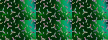 Raster illüstrasyonu. Renkli arka planda izole tatlı kar taneleri. Kar taneleriyle mavi, yeşil ve mor renkler.