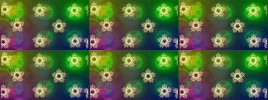 Kar tanelerinin soyut arkaplanlı Noel şablonu. Yeşil, mavi ve kahverengi kar taneleri. Raster illüstrasyonu. Renkler. Noel ve Yeni Yıl moda baskıları için tatil tasarımı.