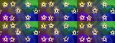 Renkli arka planda izole kar taneleri. Raster illüstrasyonu. Kar taneleri radyal yeşil, mavi ve mor renkler.