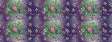 Manzaralı çiçek deseni. Üst manzara, yumuşak menekşe, yeşil ve nötr renk tarzı. Sevgililer günü ve tebrik kartı konsepti için şık bir davetiye. Çiçek kompozisyonu, el boyası, hassas şablon..