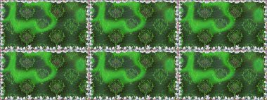 Küçük çiçekteki sevimli çiçek deseni. Bir sürü yeşil ve soyut çiçekli tropik, pürüzsüz bir desen. Varicologreen raster kusursuz illüstrasyon.