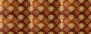 Kahverengi, bej ve sarı renklerdeki altın desenli altın elementler. Arkaplan, kumaş, altın duvar kağıdı. Raster altın pürüzsüz desen. Düz elle çizilmiş vintage koleksiyonu.