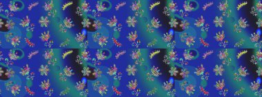 Raster illüstrasyonunda kusursuz çiçek deseni. Mavi, yeşil ve gri renkte çiçekler.