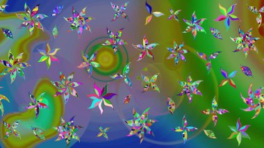 Eskiz arkaplan modeli. Yapraklı çiçekler ve yeşil renkli papatya çiçekleri. Raster - stok.