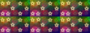 Raster illüstrasyonu. Kar tanelerinin soyut arkaplanlı Noel şablonu. Noel ve yeni yıl moda baskıları için tatil tasarımı. Yeşil, kahverengi ve mor kar taneleri.