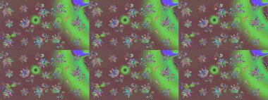 Çiçek desenli eskiz kahverengi, yeşil ve mavi renkler, el yapımı papatyalar, papatyalar. Tekrarlayan çiçek arkaplanı, zarif kahverengi, yeşil ve mavi çiçek duvar kağıdı.