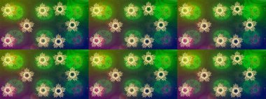 Kar tanelerinin soyut arkaplanlı Noel şablonu. Raster illüstrasyonu. Yeşil, mavi ve kahverengi renkler. Noel ve Yeni Yıl moda baskıları için tatil tasarımı.