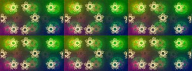 Raster illüstrasyonu. Noel ve yeni yıl moda baskıları için tatil tasarımı. Yeşil, mavi ve kahverengi kar taneleri. Kar tanelerinin soyut arkaplanlı Noel deseni.