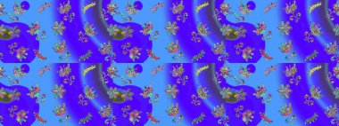 Elle boyanmış suluboya, dikişsiz çiçekler ve bitkiler. Mor, mavi ve yeşil renkte çiçekler.