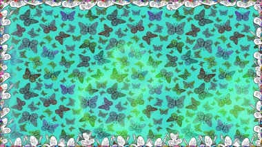 Raster illüstrasyonu. Giysi kumaşı için böcek dokusu parçası tekrarlanıyor. Mavi ve yeşilde güzel, pürüzsüz bir kelebek örtüsü. Çizim, karalama, karalama. Sonsuz. Bahar Kelebeği teması.