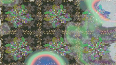 Parmak izi, kumaş, duvar kâğıdı, tekstil için raster dokusu. İşlemeli çiçekli, dikişsiz desen. Renkli grunge, yakut yeşil çiçeklerle soyut arkaplanı zenginleştirir.
