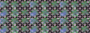 Çiçeksel fantezi tasarımı, parlak bir arka planda, kusursuz bir desen. Renkli Bahar Temalı Kusursuz Arkaplan. Düz Çiçek Elementleri Tasarımı.