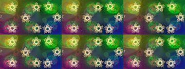 Bokeh yeşili, mavi, kahverengi ve kar taneleriyle dekoratif Noel arkaplanı. Raster illüstrasyonu.