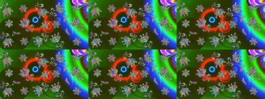 Yeşil, gri ve mavi renklere karalamalar çizilmiş çiçek deseni. Raster illüstrasyonu.