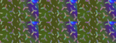 Yeşil, mavi ve mor renkli kristal kar taneleri. Raster illüstrasyonu.