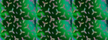 Kar tanelerinin soyut arkaplanlı Noel şablonu. Noel ve yeni yıl moda baskıları için tatil tasarımı. Yeşil, mavi ve nötr kar taneleri. Raster illüstrasyonu. Renkler.