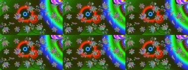 Yeşil, gri ve mavi renklere karalamalar çizilmiş çiçek deseni. Raster illüstrasyonu.