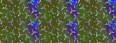 Yeşil, mavi ve mor renkli kristal kar taneleri. Raster illüstrasyonu.