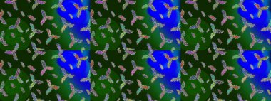 Renkler. Kar tanelerinin soyut arkaplanlı Noel şablonu. Noel ve yeni yıl moda baskıları için tatil tasarımı. Yeşil, mavi ve gri kar taneleri. Raster illüstrasyonu.