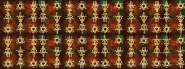 Raster illüstrasyonu. Noel ve yeni yıl moda baskıları için tatil tasarımı. Kahverengi, kırmızı ve yeşil renkler. Kar tanelerinin soyut arkaplanlı Noel deseni.