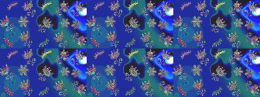 Kar tanelerinin soyut arkaplanlı Noel şablonu. Raster illüstrasyonu. Mavi, mor ve yeşil renkler. Noel ve Yeni Yıl moda baskıları için tatil tasarımı.