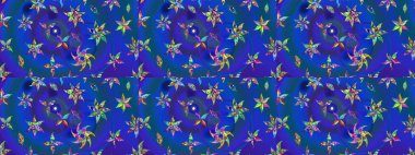 Çiçekli karalama şeklinde Raster çiçek deseni. Mavi, mor ve yeşil renkte çiçekler. Yumuşak, bahar çiçekli arka plan.