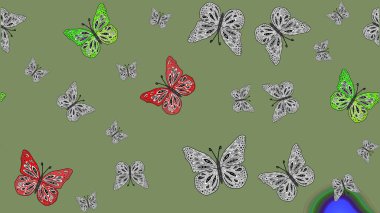 Farklı yönlere uçan renkli kelebek koleksiyonu. Raster illüstrasyonu. Kızlar, erkekler, kıyafetler, duvar kağıtları için soyut çizim kalıbı.