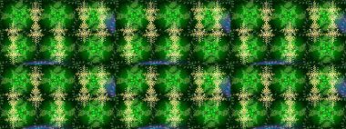 Noel ve yeni yıl moda baskıları için tatil tasarımı. Raster illüstrasyonu. Yeşil, mavi ve sarı kar taneleri. Kar tanelerinin soyut arkaplanlı Noel deseni.