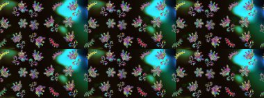 Raster hisseleri. Suluboya, elle çizilmiş. Siyah, yeşil ve mavi üzerine çiçekler. Taslak arkaplan deseni.