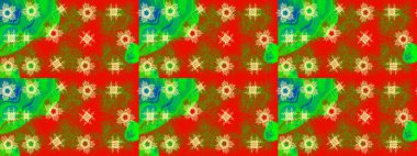 Raster illüstrasyonu. Kırmızı, yeşil ve kahverengi renkte kar taneleri. Yılbaşı Biçimi.