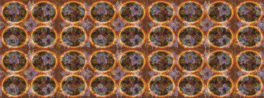 Millefleur 'lar. Tekstil, kumaş, kapak, duvar kâğıdı, baskı, yapıştırma kitabı, yorgan dikme için çiçeksiz arkaplan. Küçük kahverengi, turuncu ve gri renkte güzel bir besin torbası deseni, çiçekler..