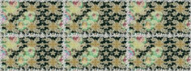 Kıvırcık, parlak örgü. Şablon, pürüzsüz, çiçekli kenar. Güzel, parlak, pürüzsüz kumaş, tuval. Raster illüstrasyonu. Çiçek çelengi. Klasik eski arkaplan.