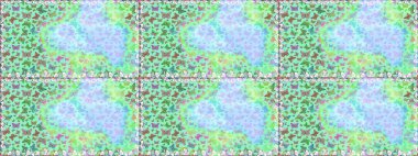 Kusursuz renksiz desen. Mistik, semboller. Tarafsız, mavi ve yeşil bir zemine el çizimi. Tekrarlanan karalamalar.