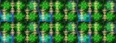 İllüzyon. Kar taneleri, kar yağışı. Düşen Noel stili kar taneleri. Güzel raster yeşili, mavi ve sarı kar taneleri renkli bir arkaplanda izole edilmiş..