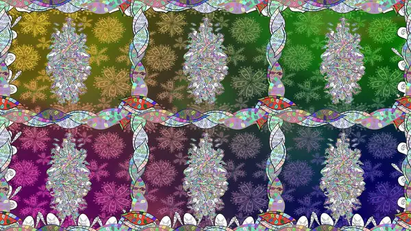 Renkli Bahar Temalı Kusursuz Arkaplan. Çiçeksel fantezi tasarımı, parlak bir arka planda, kusursuz bir desen. Düz Çiçek Elementleri Tasarımı.