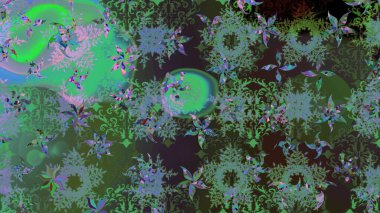 Yıldızlı ve düşen kar taneli büyülü yeşil ve gri tatil soyut arka planı. Raster illüstrasyonu. Noel yeşili ve griler.