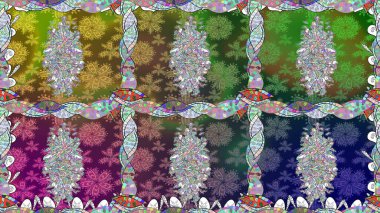 Millefleur 'lar. Tekstil, kumaş, kapaklar, duvar kağıtları, baskı, naylon, yapıştırma, örgü, dekupaj için çiçeksiz arkaplan. Küçük yeşil çiçekli oldukça eski bir besin torbası deseni..